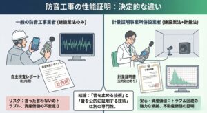 防音工事の性能証明における「計量証明事業所（環境計量士による精密測定）」と「一般業者（自主検査レポート）」の決定的な違いを比較したインフォグラフィック。公的数値による資産価値と安心の担保を解説。