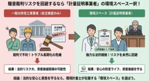 一般的な防音業者の「自主検査（証拠能力なし）」と環境スペースの「計量証明（公的証拠）」の裁判・資産価値における格差を比較したイラスト。環境計量士による精密測定が騒音トラブル回避と不動産価値の維持に直結することを図解。