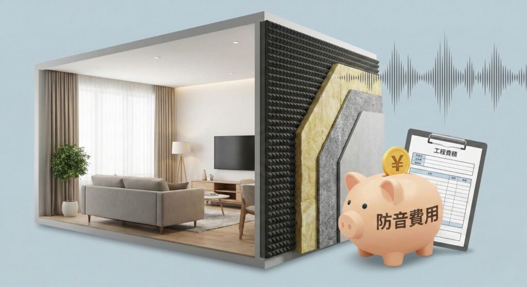 マンションの防音工事の壁の構造と、費用をイメージした豚の貯金箱と見積書