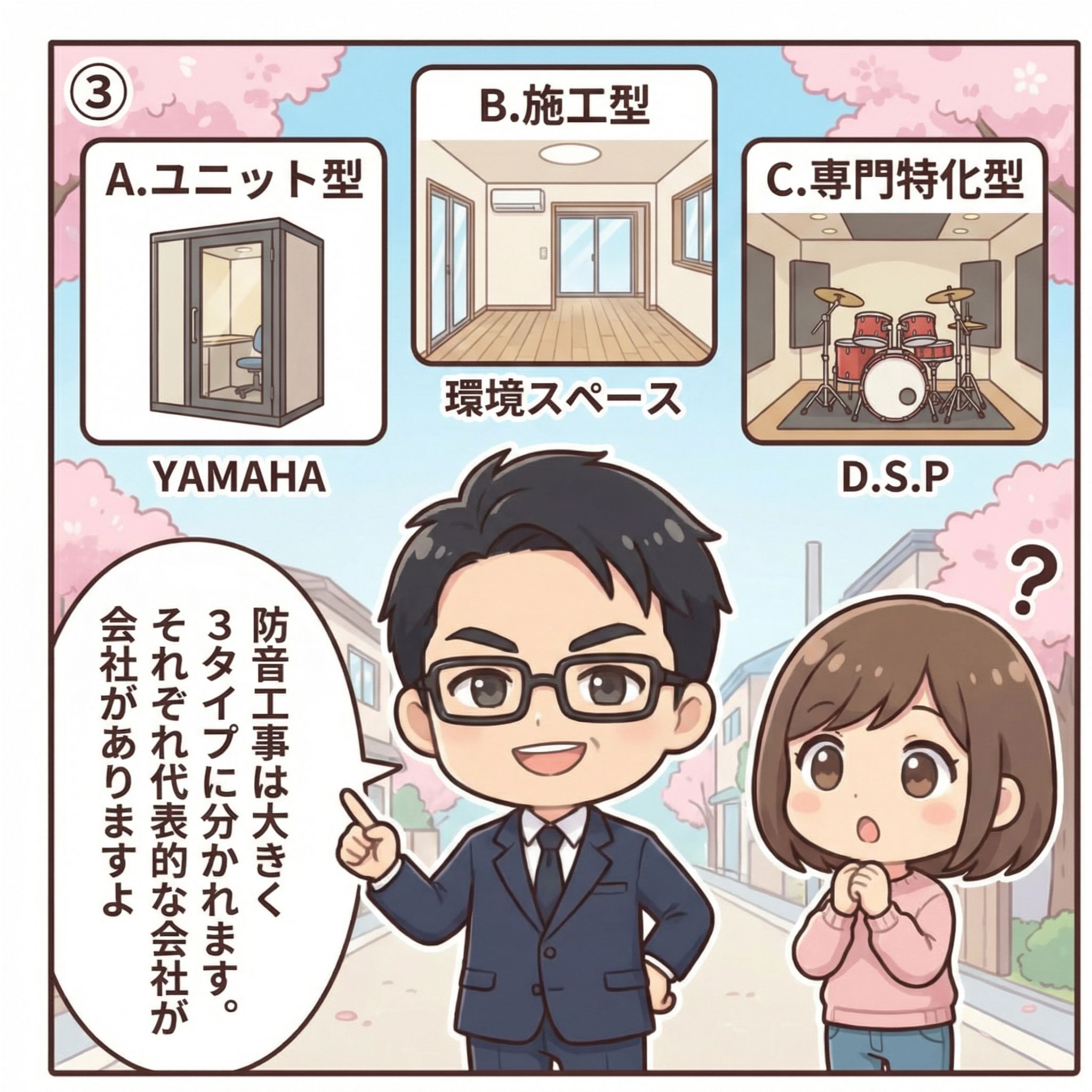 防音工事業者の選び方③専門家が3タイプを解説─ユニット型YAMAHA・施工型環境スペース・専門特化型DSP