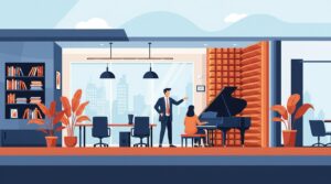 アップライトピアノやグランドピアノ向けの防音室の設置費用や構造について、専門家が相談に応じている様子を描いたモダンなイラスト