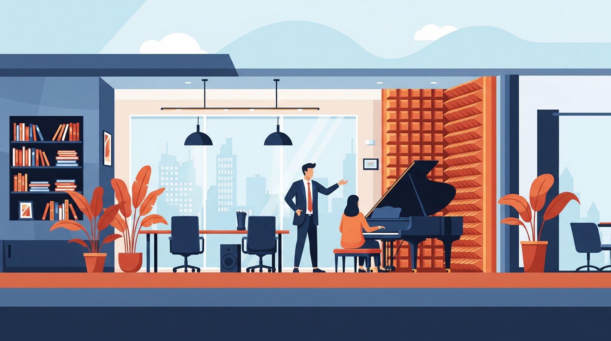 アップライトピアノやグランドピアノ向けの防音室の設置費用や構造について、専門家が相談に応じている様子を描いたモダンなイラスト