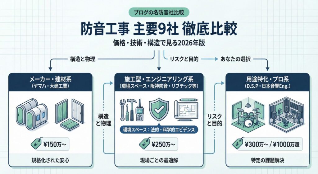 防音工事主要9社の徹底比較チャート（2026年版）。メーカー系（ヤマハ等）、施工エンジニアリング系（環境スペース等）、用途特化プロ系（D.S.P等）の3タイプに分類し、価格相場（150万〜1000万超）と物理的構造（ユニット式・現場施工・浮き床など）の違いを構造的に図解。