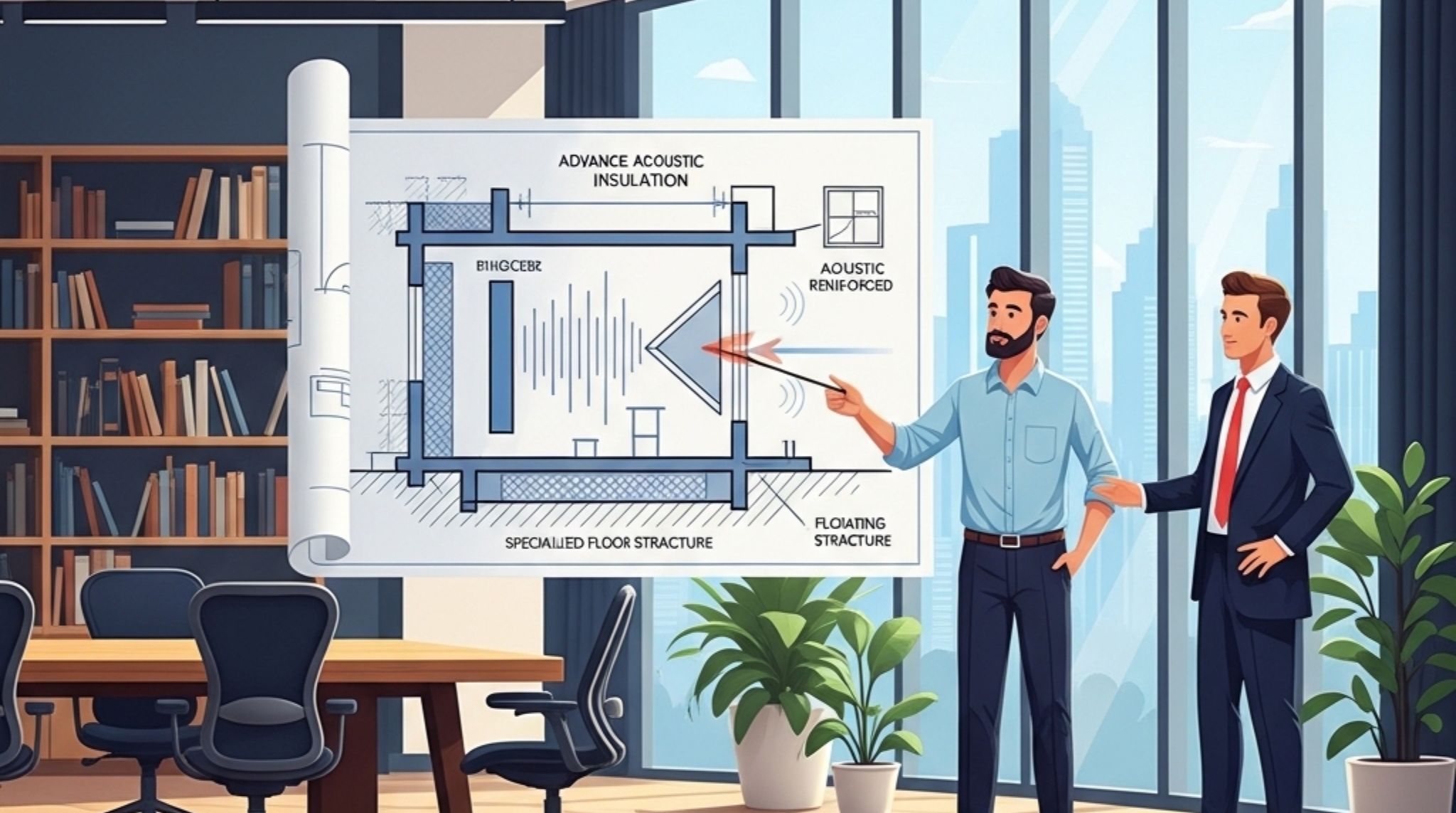 保育園の防音工事費用や3種類の音の対策について、専門家が設計図を用いて打ち合わせをしている様子。