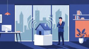 雨音がうるさい原因となる屋根構造の反響や、防音対策の物理的なメカニズムをオフィスで分析するビジネスプロフェッショナルのイラスト。