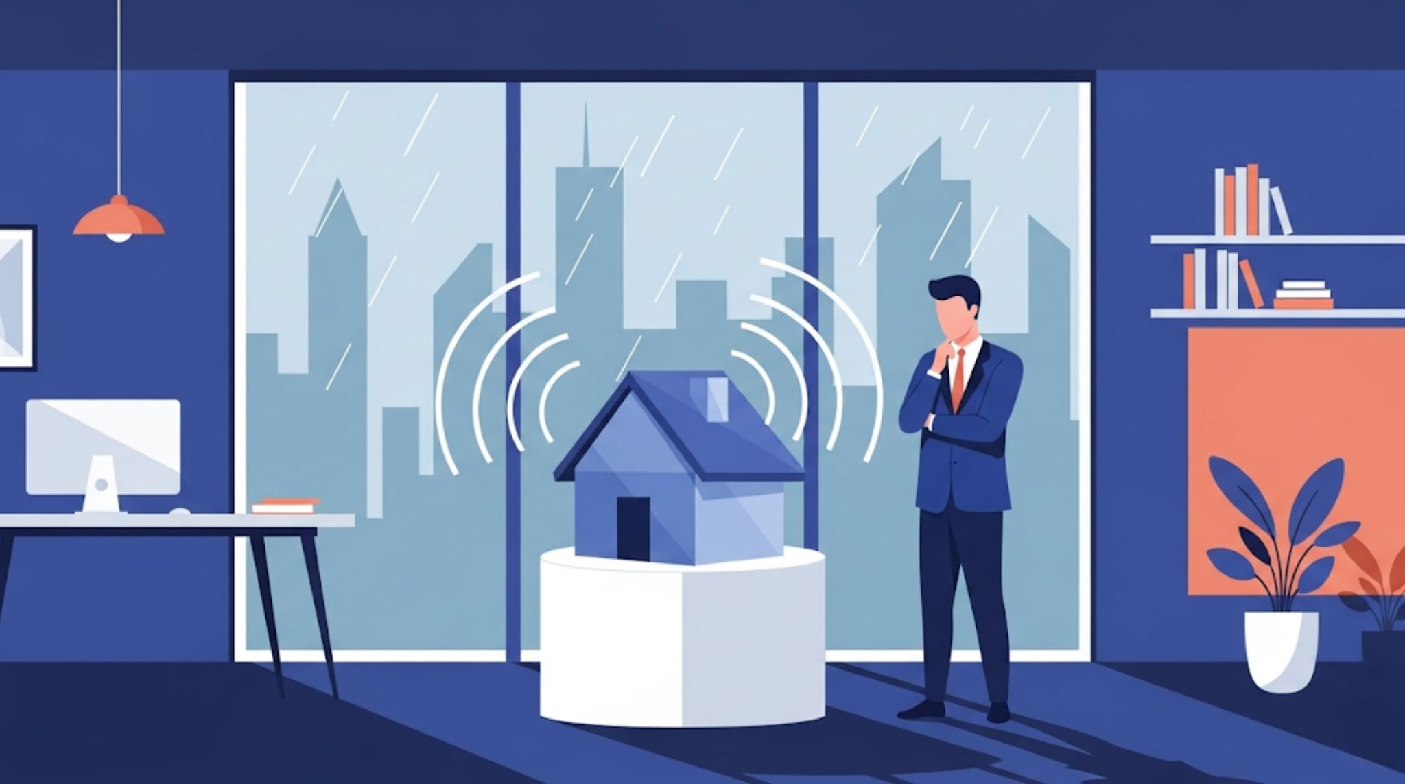 雨音がうるさい原因となる屋根構造の反響や、防音対策の物理的なメカニズムをオフィスで分析するビジネスプロフェッショナルのイラスト。