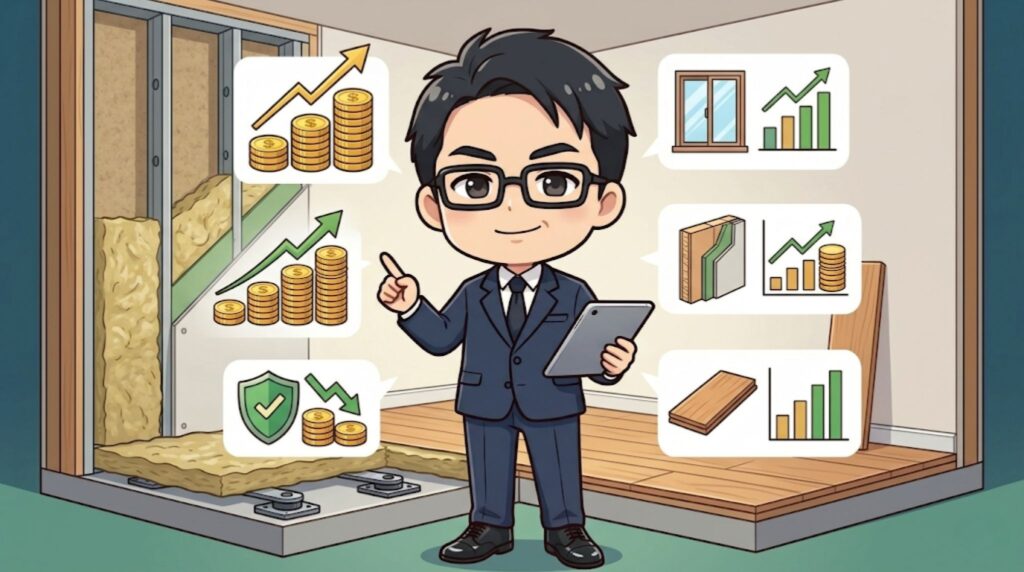 防音工事の費用相場を解説する記事のアイキャッチ。壁や床の断熱・防音構造の断面図を背景に、タブレットを持ちコスト上昇や削減のグラフを指差す専門家のイラスト。