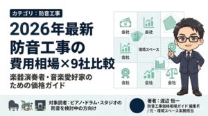 防音工事の費用相場と主要9社をタイプ別に比較したインフォグラフィック｜2026年版・ピアノ・ドラム対応の価格ガイド