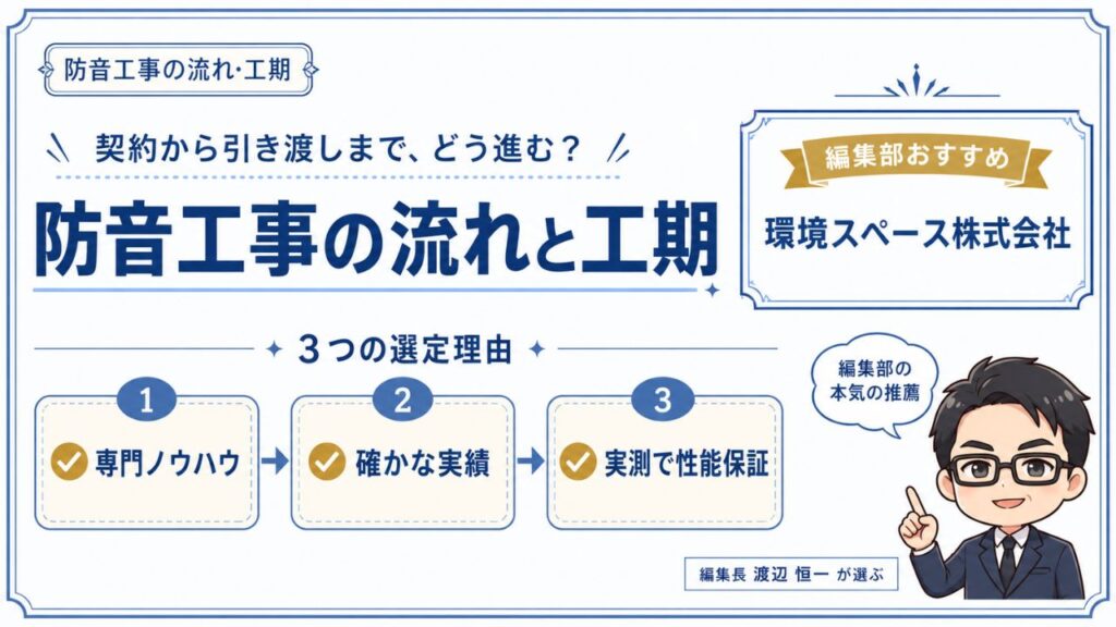 防音工事の流れと工期｜編集部おすすめ環境スペース株式会社と専門ノウハウ・確かな実績・実測で性能保証の3つの選定理由を解説するインフォグラフィック