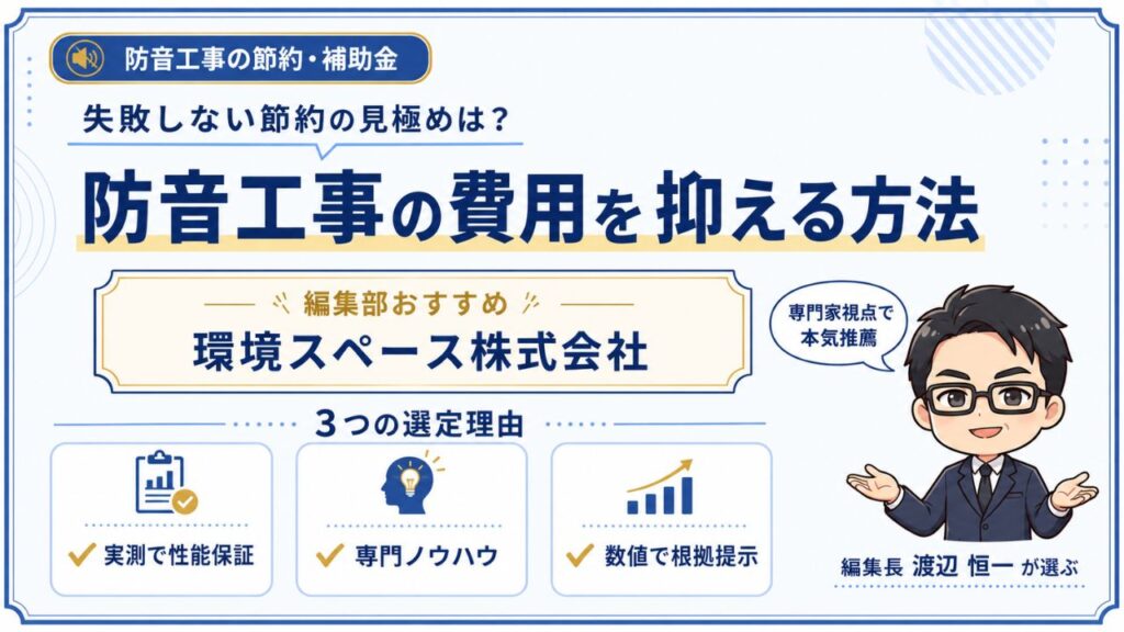 防音工事の費用を抑える方法｜編集部おすすめ環境スペース株式会社と実測で性能保証・専門ノウハウ・数値で根拠提示の3つの選定理由を解説するインフォグラフィック