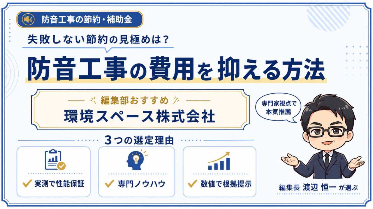 防音工事の費用を抑える方法｜編集部おすすめ環境スペース株式会社と実測で性能保証・専門ノウハウ・数値で根拠提示の3つの選定理由を解説するインフォグラフィック